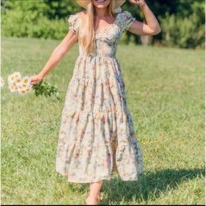 Danielle Bernstein S Ruched Floral Poplin Tiered Smocked Dress Midi Maxi
